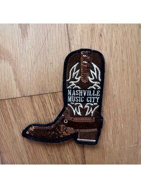 Nashville Music City Brown Sequined Cowboy Boot 2.75" x 3" Iron-on Patch